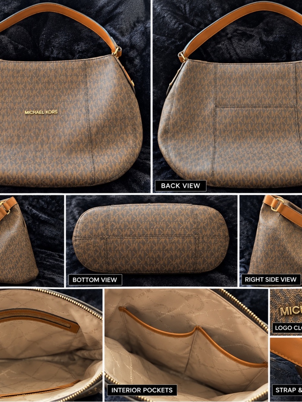 Michael Kors Brown MK Monogram Shoulder Hobo with Tan Strap